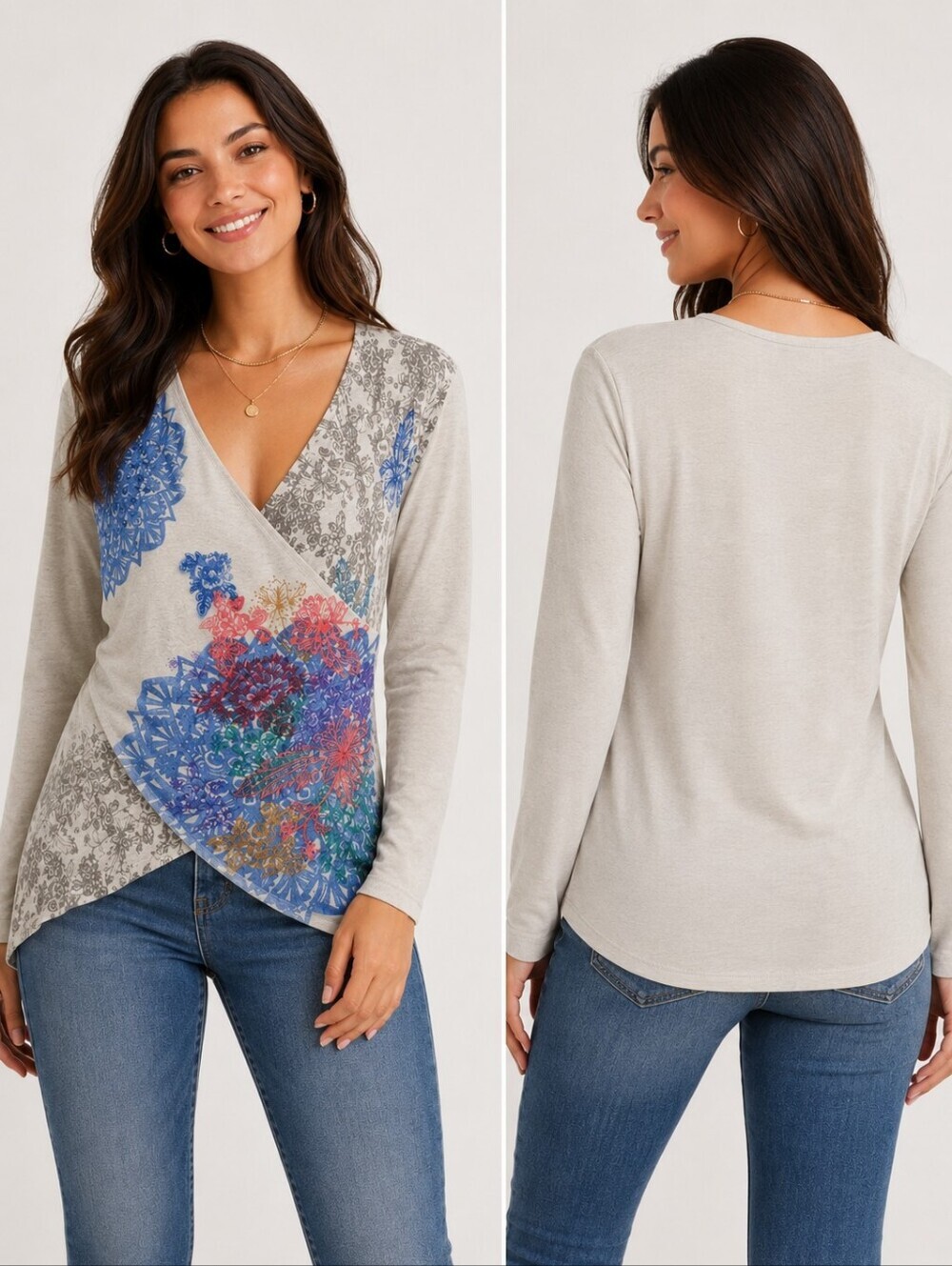 Desigual Light Grey Long-Sleeve Wrap-Style Top with Multicolor Medallion Print